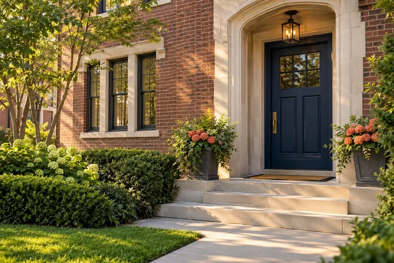 A navy front door with a brass handle on a brick St. Louis home, with coral flowers in planters on the steps